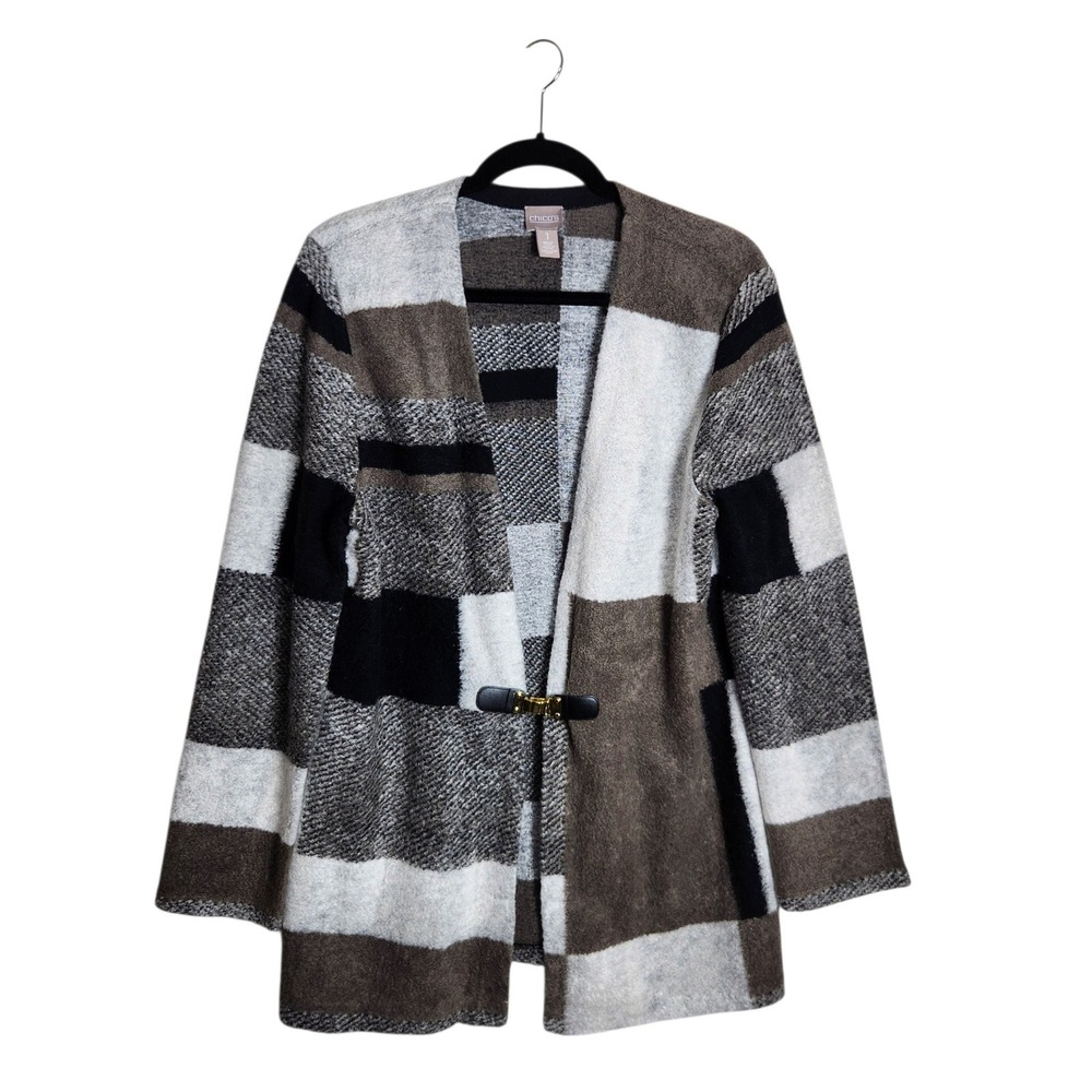 Chicos Colorblock Patchwork Cardigan Sweater Brown Grey Black Buckle Size 1 M